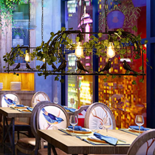 Birdcage Iron Pendant Light with Decorative Ivy - Vintage Black Ceiling Fixture for Restaurants