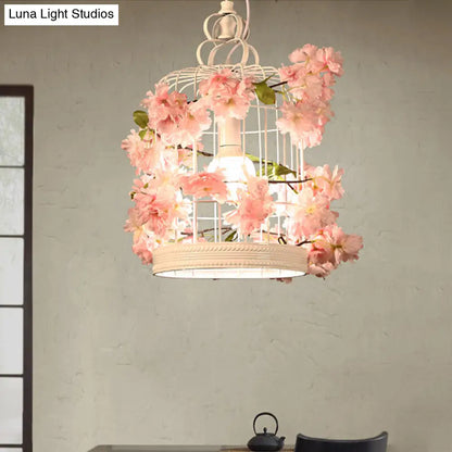 Birdcage Pendant Light Fixture with White Flower Design for Restaurant or Warehouse Decor