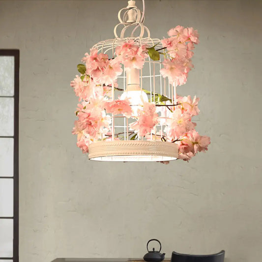 Birdcage Pendant Light Fixture with White Flower Design for Restaurant or Warehouse Decor