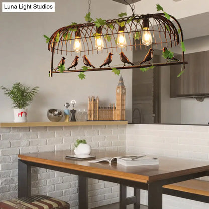 مصباح معلق على شكل قفص طيور من DecorBites™ - مصباح جزيرة ريفي من الحديد المطاوع مع ديكور على شكل كرمة وطائر لغرفة الطعام