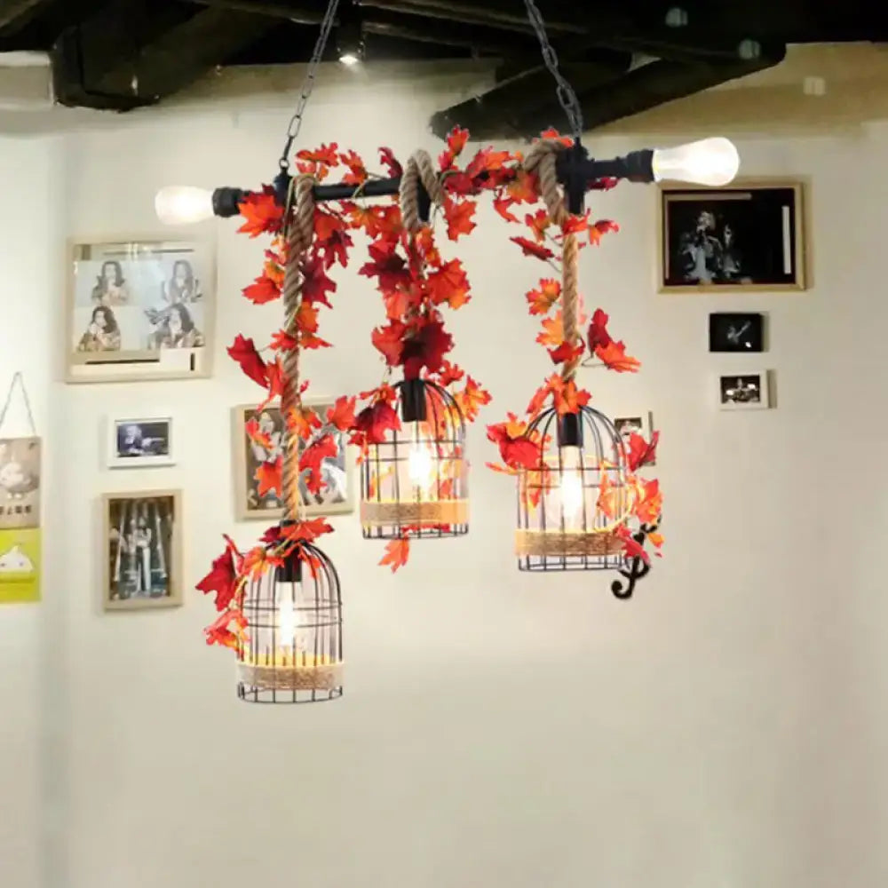 DecorBites™ 5-head birdcage rope island light fixture in rose red metal with vibrant artificial maple leaf accents