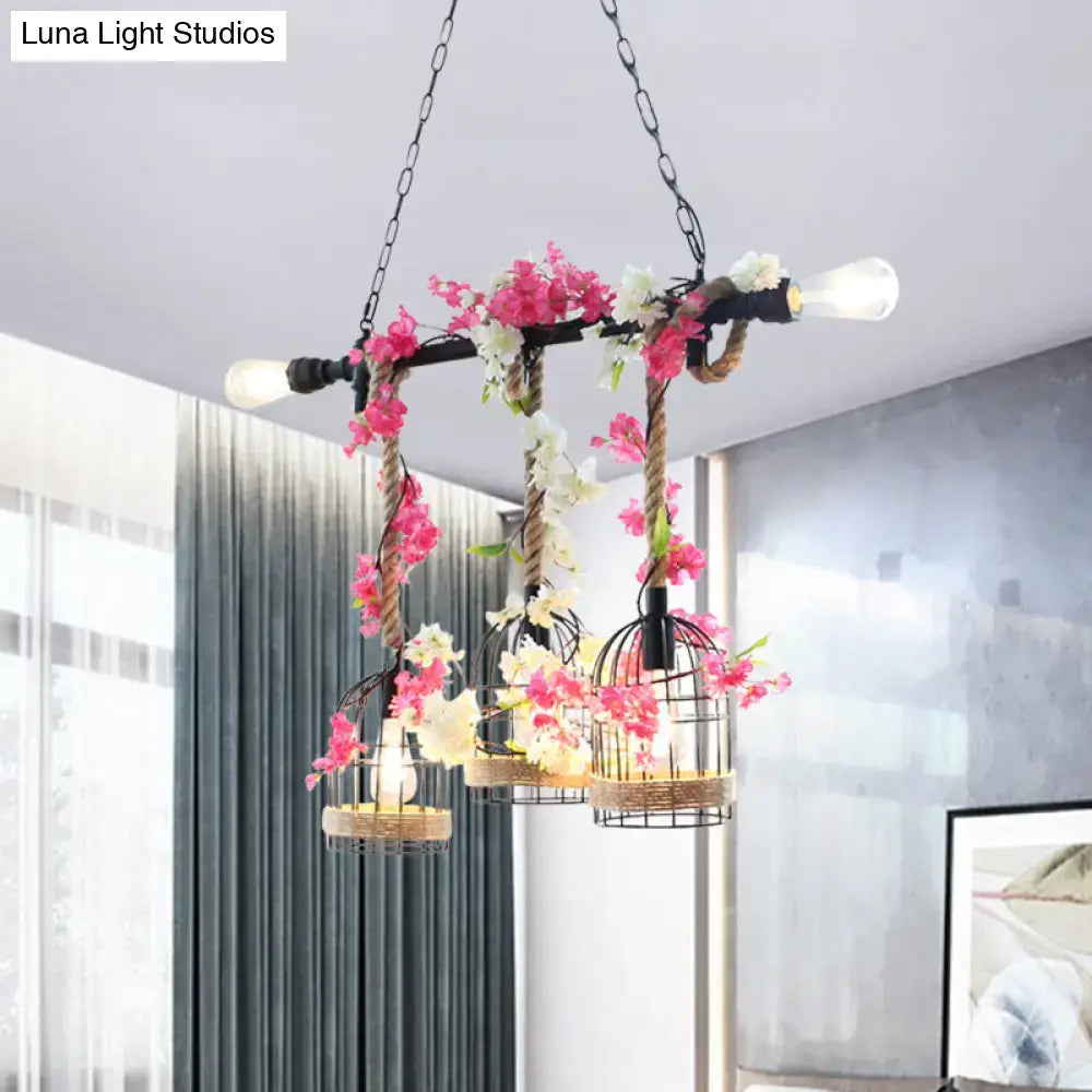 Decorbites™ 5-head birdcage rope island light fixture with rose red metal pendant and artificial flower accents
