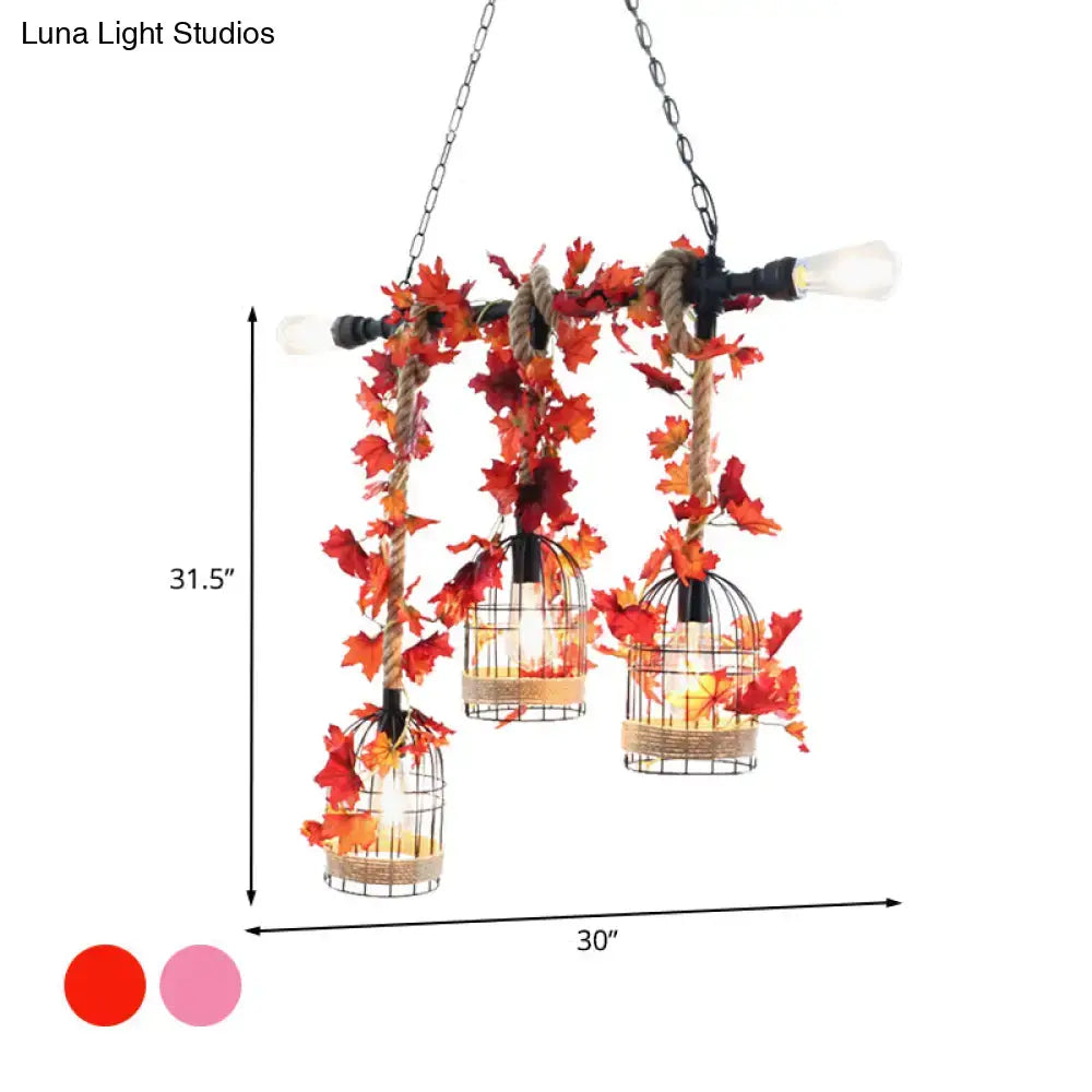 Rustic decorbites 5-head birdcage rope island light fixture with rose red metal frames and artificial maple leaves hanging