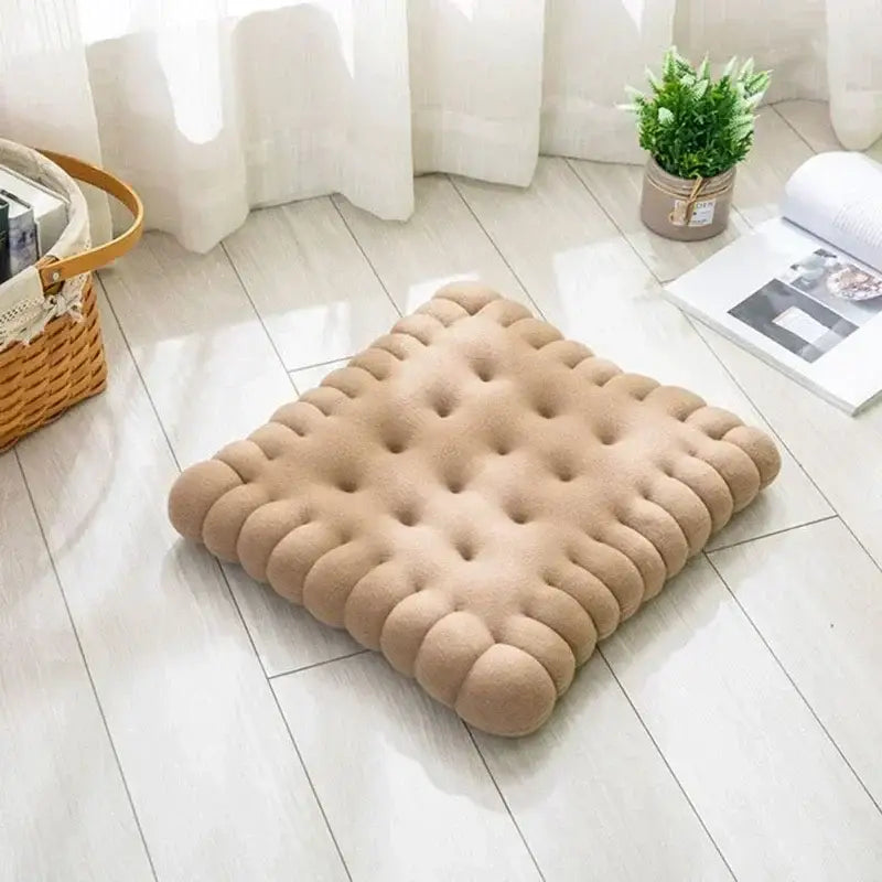 Beige decorbites biscuit sofa cushion with tufted, soft plush texture and rounded edges for living room decor