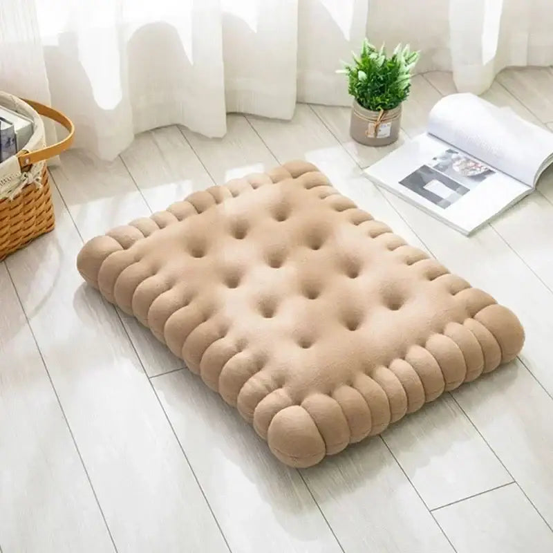 Beige tufted decorbites biscuit sofa cushion cream fluffy cookie decor with raised edges and button-like indentations for living room