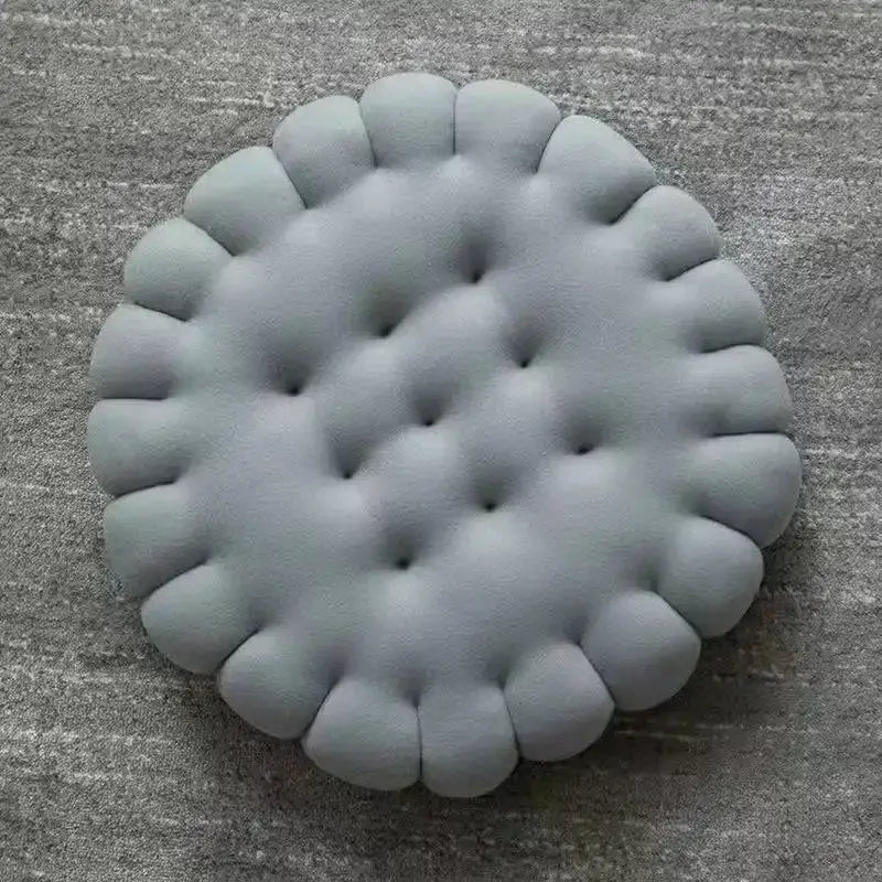 Gray tufted circular ottoman with soft plush fabric and scalloped edge decorbites biscuit sofa cushion for living room decor