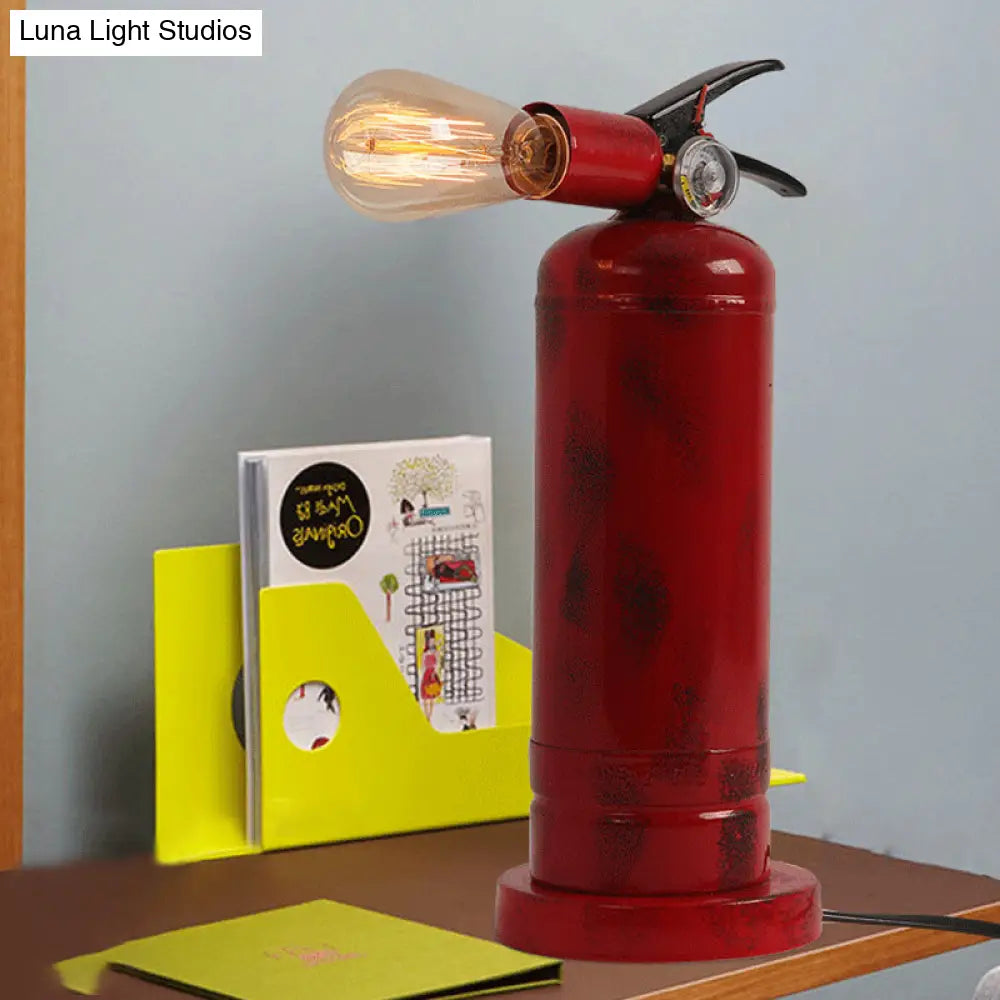 Bistro Fire Extinguisher Shaped Metal Table Lamp with Red Finish and Plug-In Cord