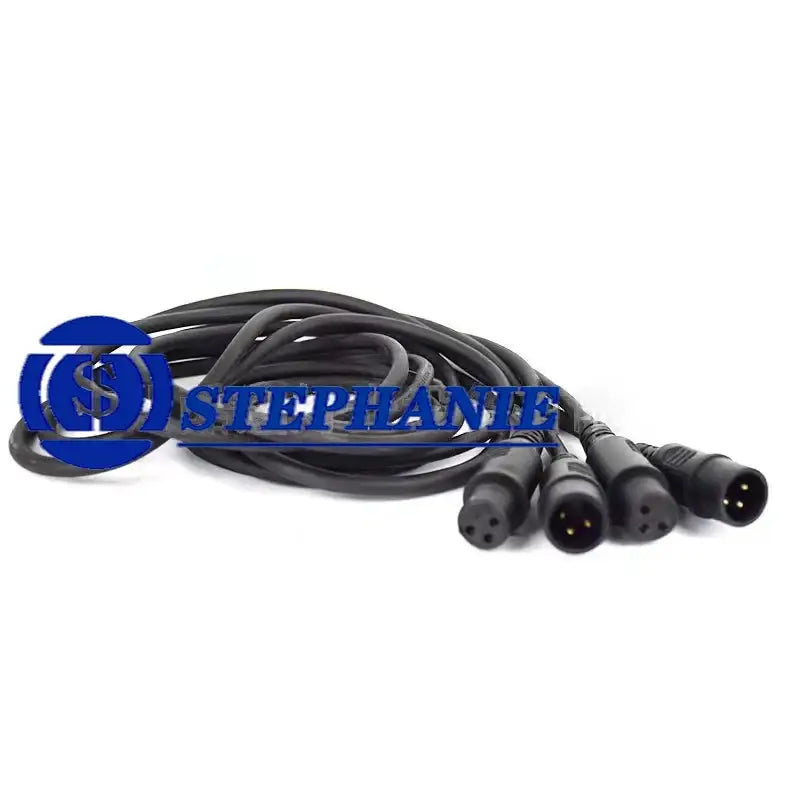 Black 1.5m dmx cable connector with three xlr connectors coiled for stage lighting event room use