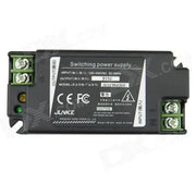 Black 15w led power supply adapter with green terminal blocks and white label displaying technical specifications