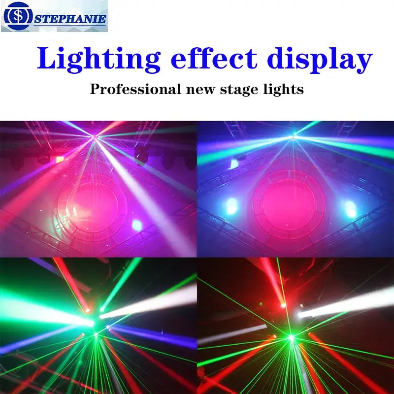 Professional stage lighting system by Stephanie with vibrant red green blue and purple laser beams in black decorbites disco ball lights