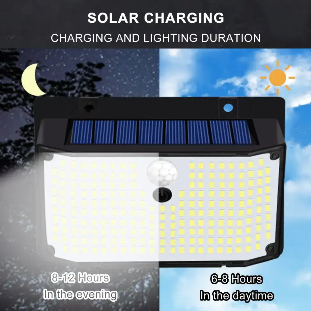 Black 208 led solar outdoor motion sensor garden light with bright white leds and waterproof design for outdoor use