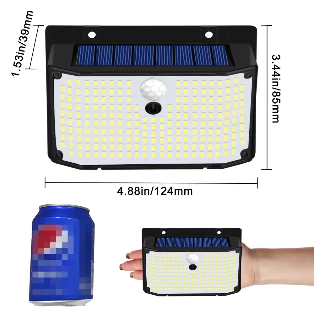 Black 208 led solar outdoor motion sensor light with blue solar panel and waterproof design for garden use