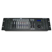 Black 240c dmx controller with multiple knobs sliders and digital display for stage and party lighting control