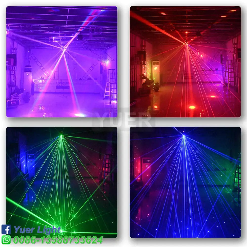 Black 3 head moving head light with laser emitting vibrant purple red green and blue beams in an event room