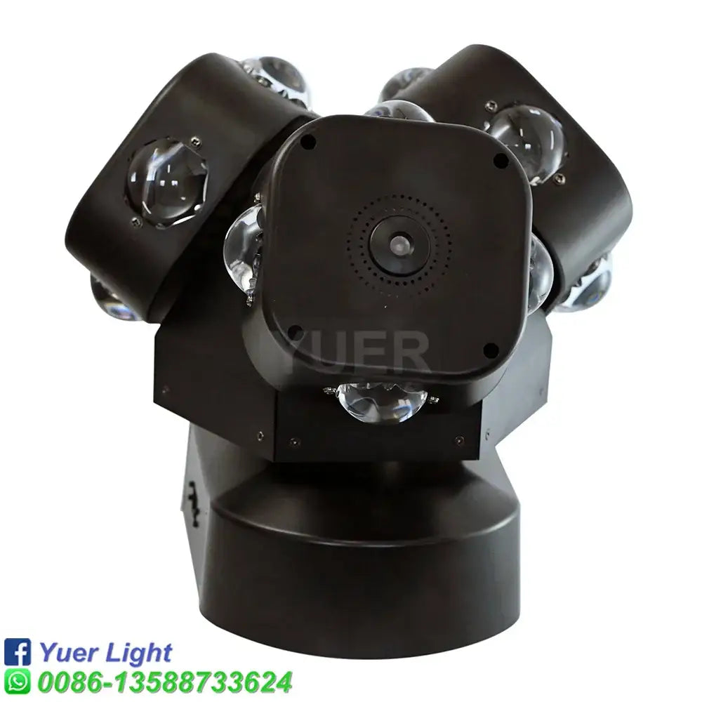 Black 3 head moving head light with laser featuring 360-degree rotating spotlight and multiple clear lens heads for event rooms