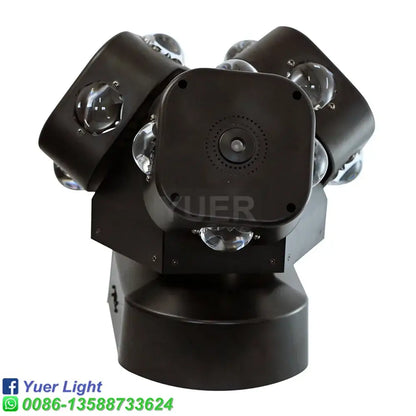Black 3 head moving head light with laser featuring 360-degree rotating spotlight and multiple clear lens heads for event rooms