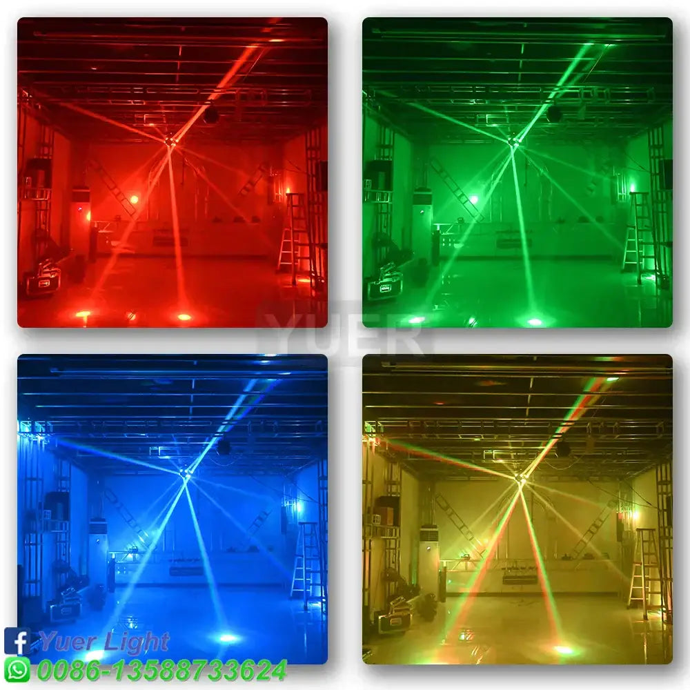 Black 3 head moving head light with laser emitting vibrant red green blue and yellow beams for event room use