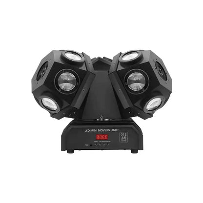 Black 3-head rgbw led beam stage light with two octagonal heads each housing four circular leds for party room use