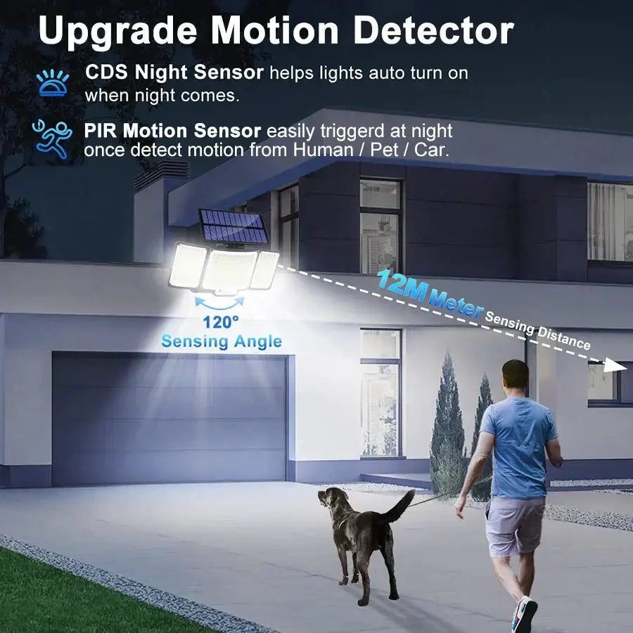 Black 348 led solar super bright motion sensor light with sleek design and three bright led panels for garden wall use