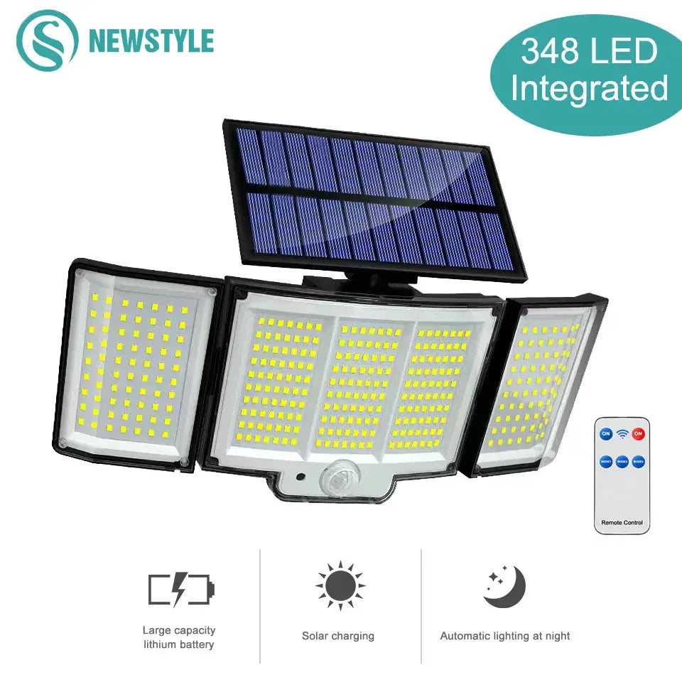 Black 348 led solar super bright garden wall lamp with three foldable panels and super bright motion sensor lighting
