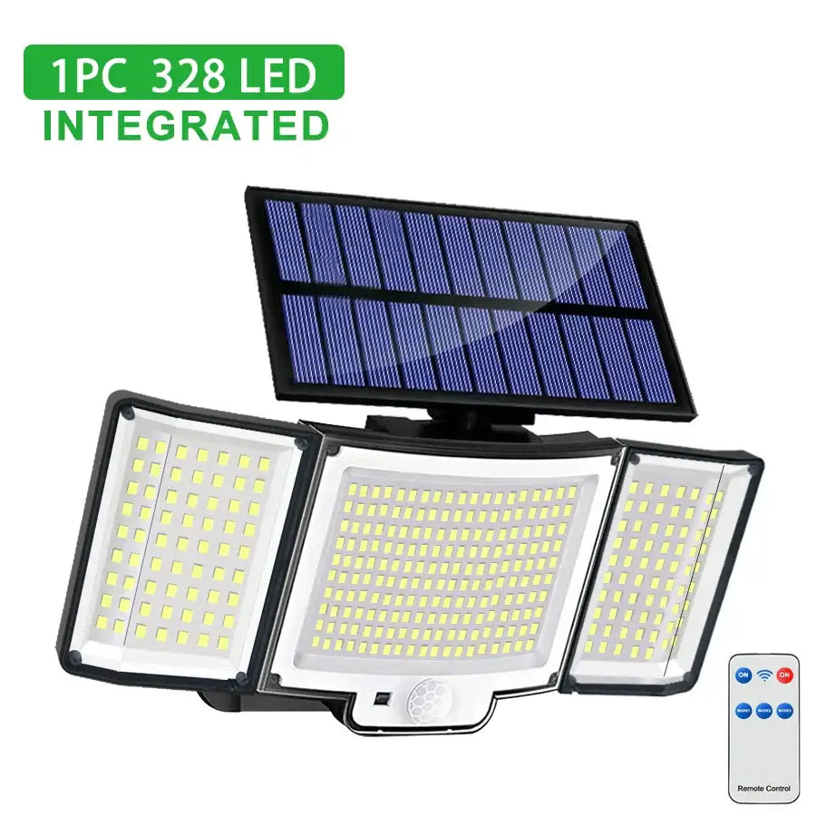 Black 348 led solar super bright motion sensor light garden wall lamp with three adjustable black and white panels