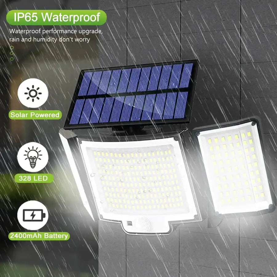Black 348 led solar super bright motion sensor light with blue solar panel and white led solar super light array