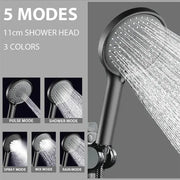 Black 11cm adjustable high pressure shower head with five spray modes for bathroom use