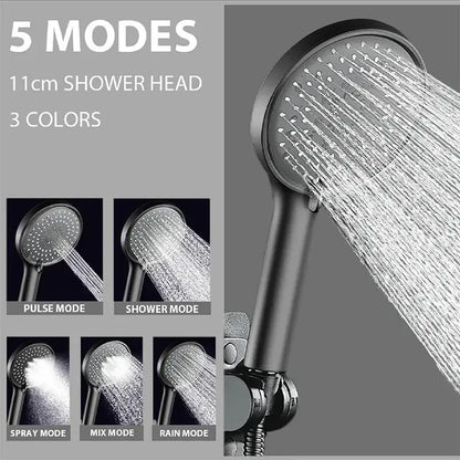 Black 11cm adjustable high pressure shower head with five spray modes for bathroom use