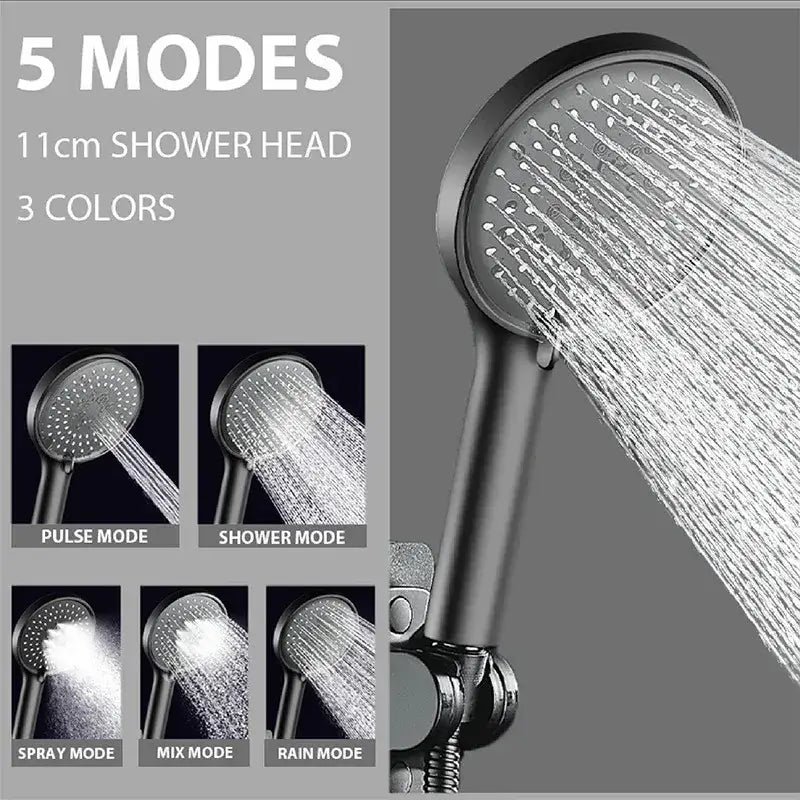 Black 11cm adjustable high pressure shower head with five spray modes for bathroom use