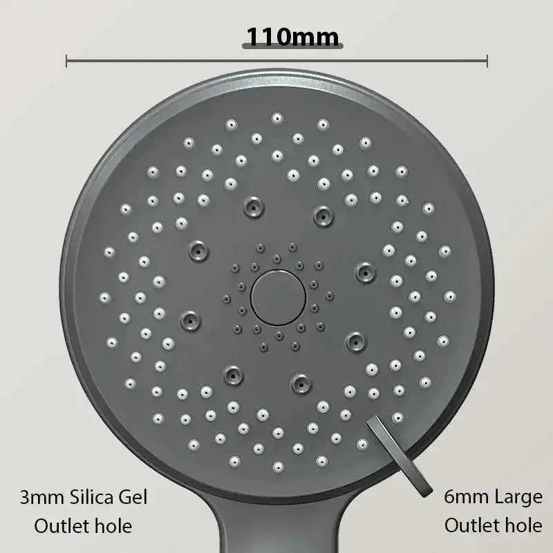 Gray circular shower head with small and large outlet holes featuring adjustable high pressure for bathroom use