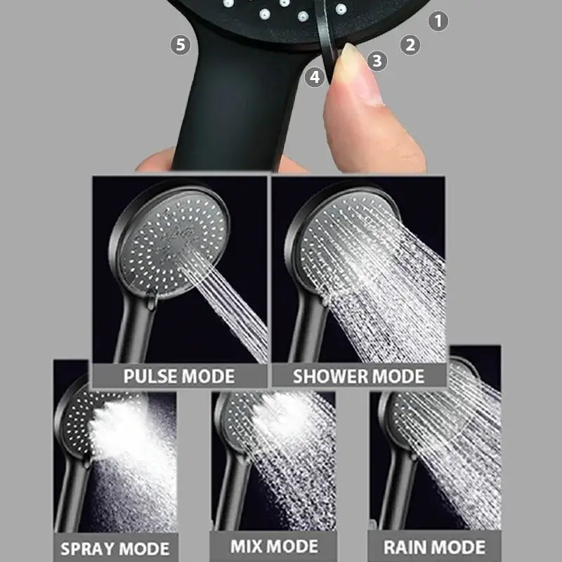 Black matte shower head with adjustable high pressure and five spray modes including pulse shower spray mix and rain