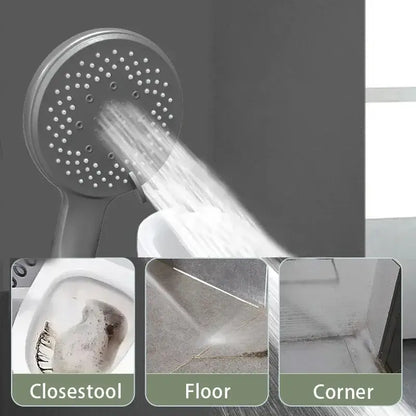 Silver circular shower head with multiple spray holes for black 5-mode adjustable high pressure bathroom use
