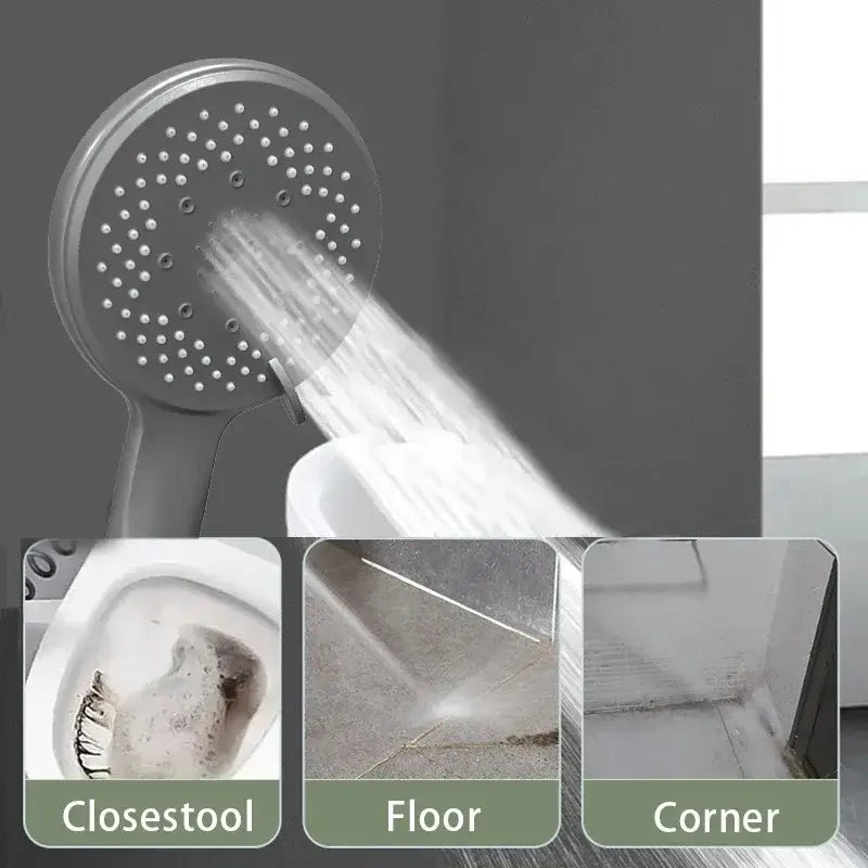 Silver circular shower head with multiple spray holes for black 5-mode adjustable high pressure bathroom use
