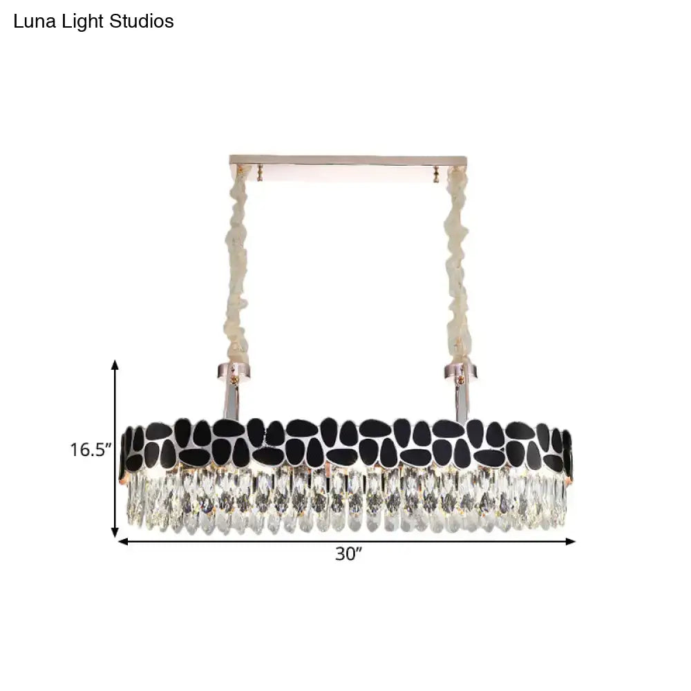 DecorBites black 8-head island lamp with modern clear crystal prisms and black onyx stones in a sleek silver frame