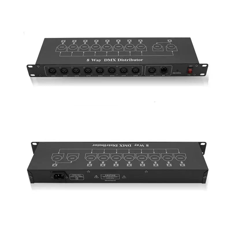 Black 8-way dmx512 splitter with eight xlr ports and a red power switch for stage lights signal amplification