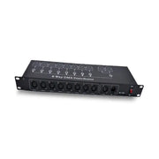 Black 8-way dmx512 splitter stage lighting signal amplifier with eight XLR ports and red power switch visible on the back