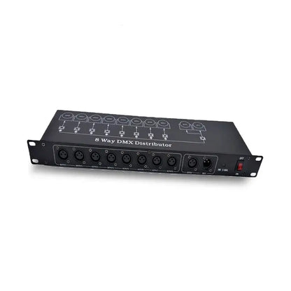 Black 8-way dmx512 splitter stage lighting signal amplifier with eight XLR ports and red power switch visible on the back