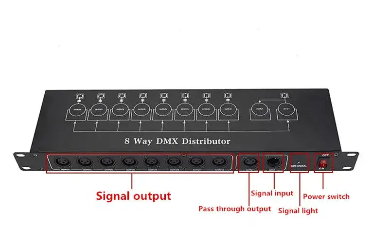 Black 8-way dmx512 splitter signal amplifier with eight xlr output ports and red power switch for stage lighting