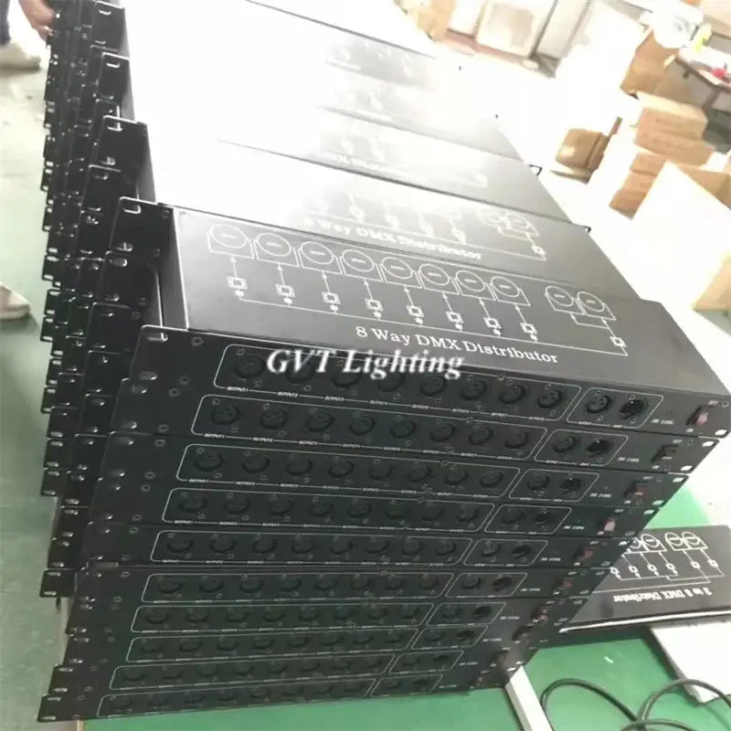 Black metal rack-mountable 8-way dmx512 splitter signal amplifier with labeled ports and control knobs by gvt lighting
