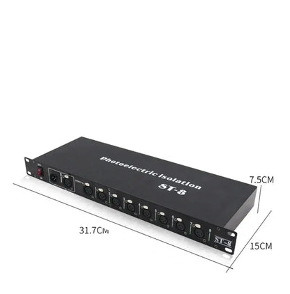 Black 8-way dmx512 splitter stage lighting signal amplifier with photoelectric isolation and eight XLR inputs and power switch