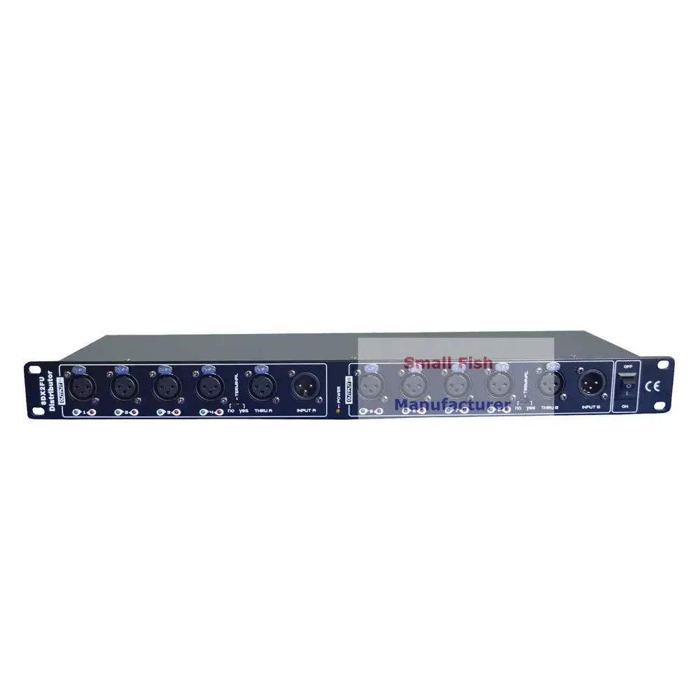 Black 8 way rack-mount audio distributor with multiple xlr jacks for stage lighting effect in living room stage setup