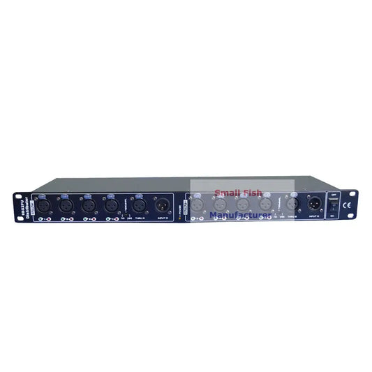 Black 8 way rack-mount audio distributor with multiple xlr jacks for stage lighting effect in living room stage setup