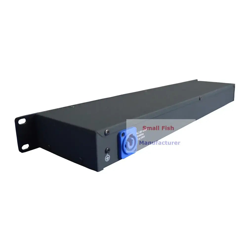 Black metal rack-mount 8dmx2fu distributor with blue circular input port for dmx512 light stage signal amplification