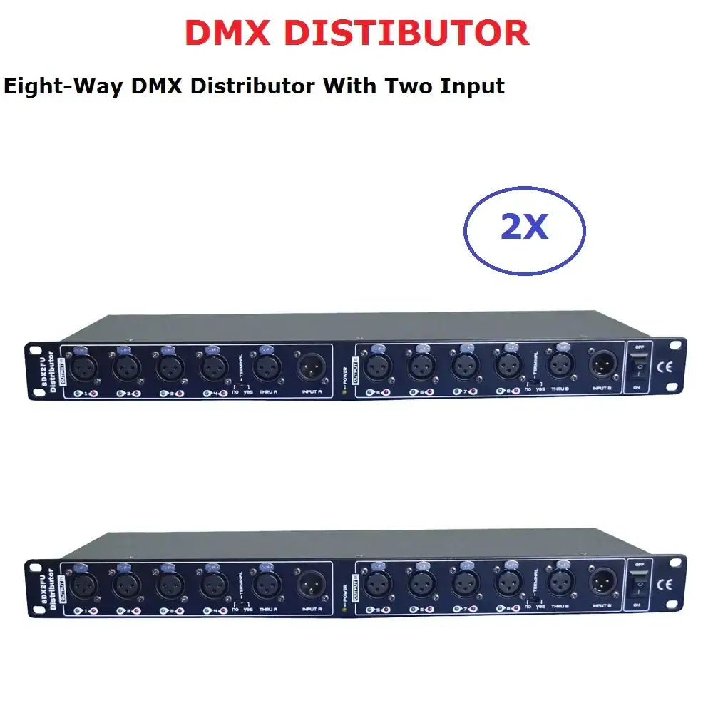 Black 8dmx2fu distributor with eight xlr inputs outputs and two power switches for dmx512 light stage signals