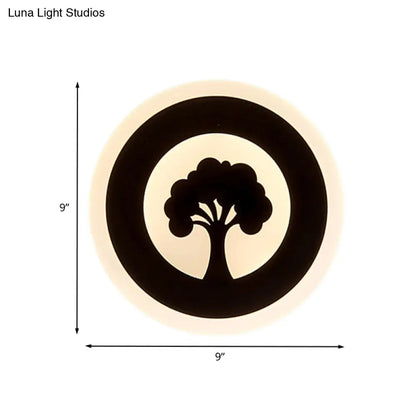 DecorBites™ Black Acrylic Round LED Flush Wall Sconce with Tree Pattern - Modern and Elegant