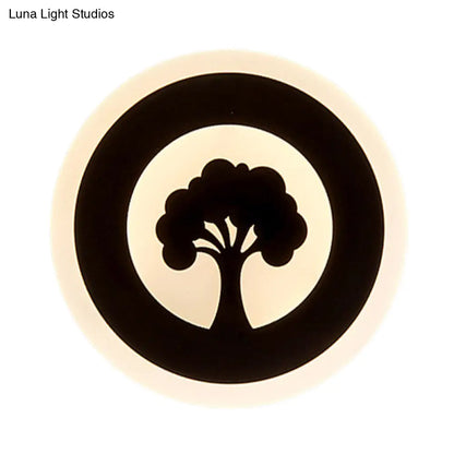 DecorBites™ Black Acrylic Round LED Flush Wall Sconce with Tree Pattern - Modern and Elegant