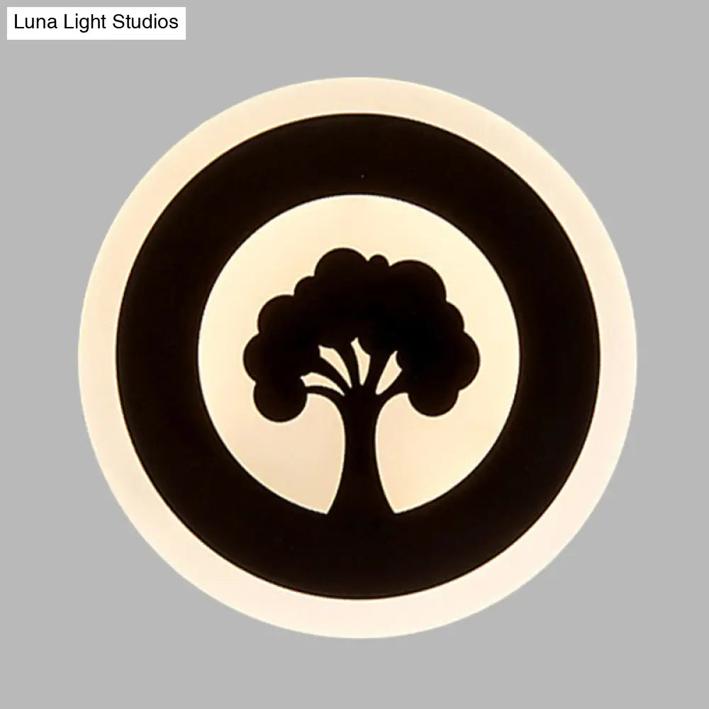 DecorBites™ Black Acrylic Round LED Flush Wall Sconce with Tree Pattern - Modern and Elegant