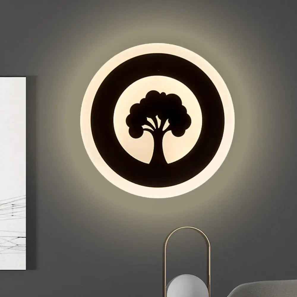 DecorBites™ Black Acrylic Round LED Flush Wall Sconce with Tree Pattern - Modern and Elegant