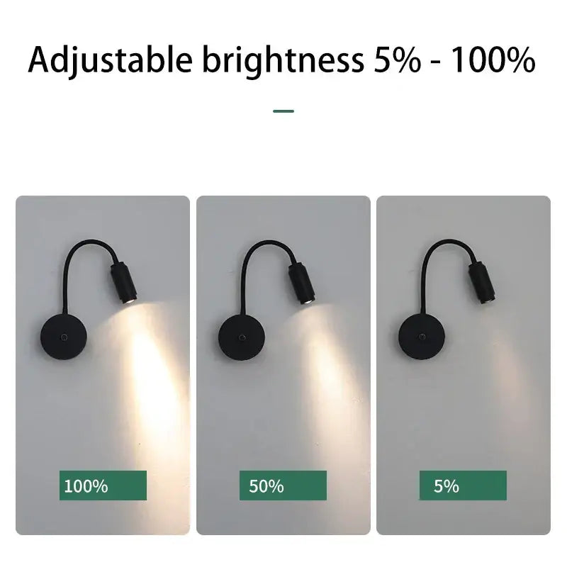 Black adjustable angle led wall lamp with flexible gooseneck arm and circular base shown at three brightness levels