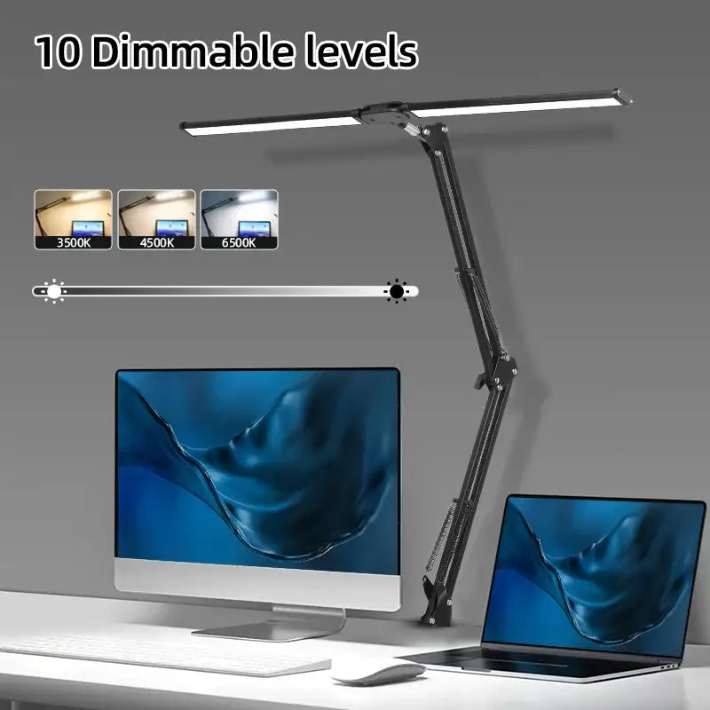 Black adjustable double head led usb table lamp with 10 dimmable levels and three color temperature options for office desk use